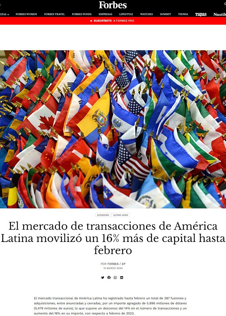 El mercado de transacciones de Amrica Latina moviliz un 16% ms de capital hasta febrero